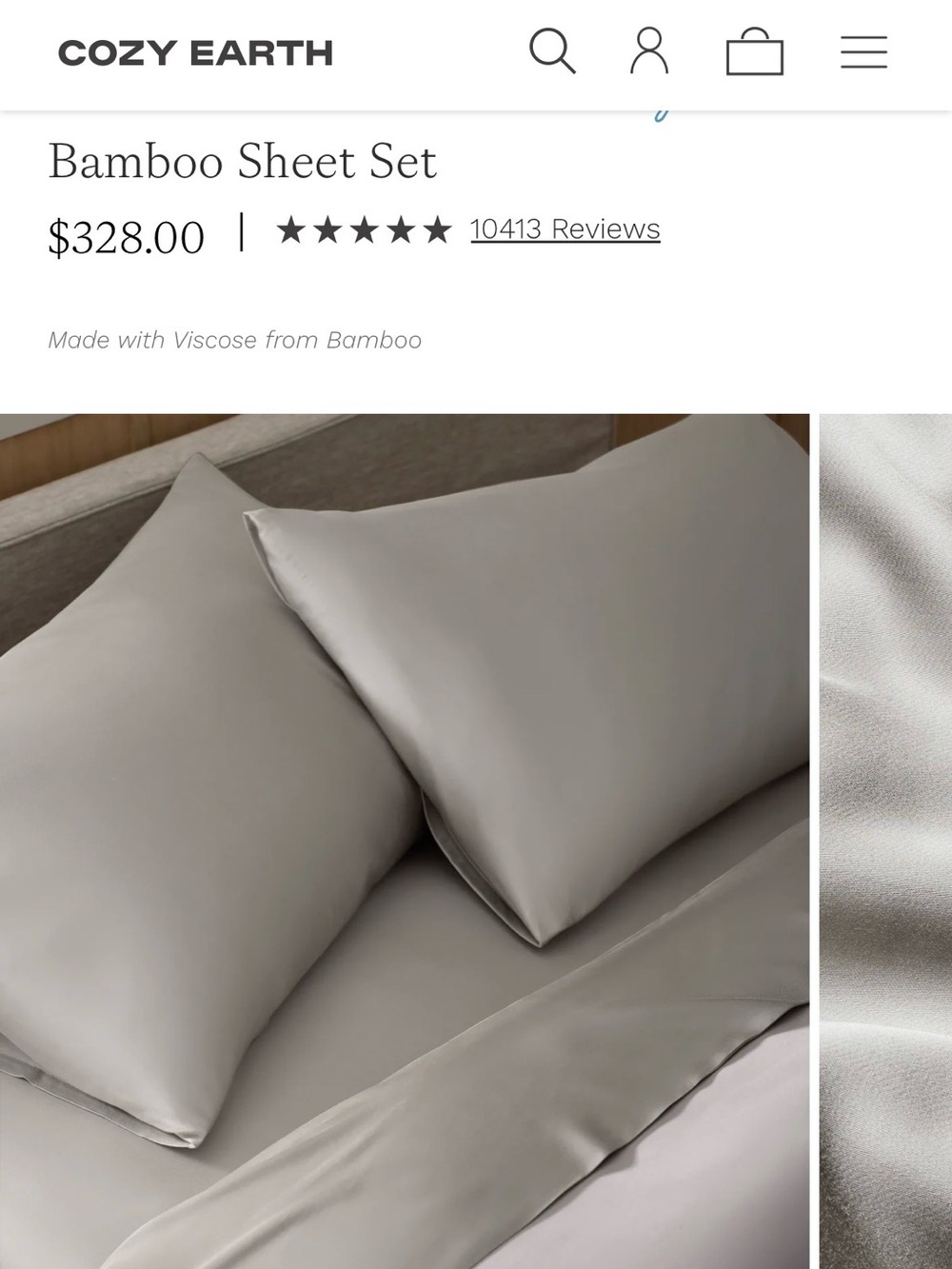 Cozy Earth king sized bamboo sheet set in light gray